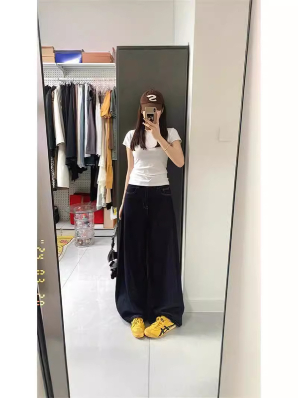 Traperice visokog struka, širokih nogavica, drapirane do poda, denim, 2026 proljeće-jesen, američki retro stil, slobodna silueta