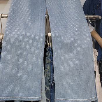 Ženske traperice od denima sa kristalima, visokim strukom, hongkonški stil, ravni kroj, proljetno-ljetna moda