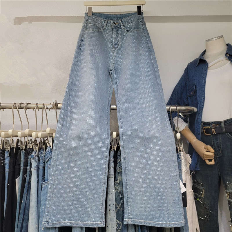 Ženske traperice od denima sa kristalima, visokim strukom, hongkonški stil, ravni kroj, proljetno-ljetna moda