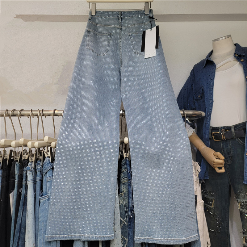 Ženske traperice od denima sa kristalima, visokim strukom, hongkonški stil, ravni kroj, proljetno-ljetna moda