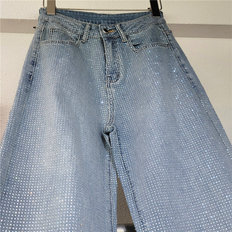 Ženske traperice od denima sa kristalima, visokim strukom, hongkonški stil, ravni kroj, proljetno-ljetna moda
