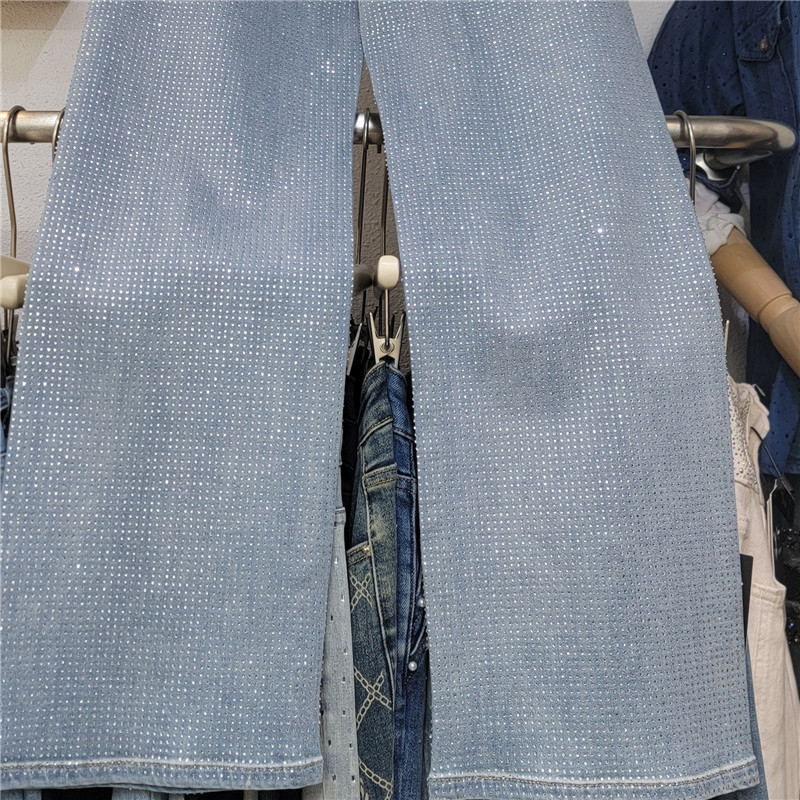 Ženske traperice od denima sa kristalima, visokim strukom, hongkonški stil, ravni kroj, proljetno-ljetna moda