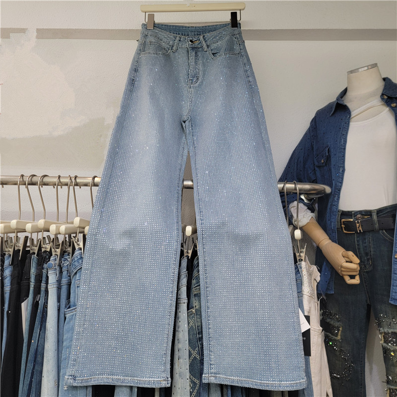 Ženske traperice od denima sa kristalima, visokim strukom, hongkonški stil, ravni kroj, proljetno-ljetna moda