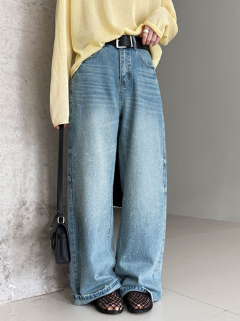 Luxi traperice visokim strukom i širokim nogavicama, američki retro stil, uzorak zvjezdica sa kristalima, denim, 68517