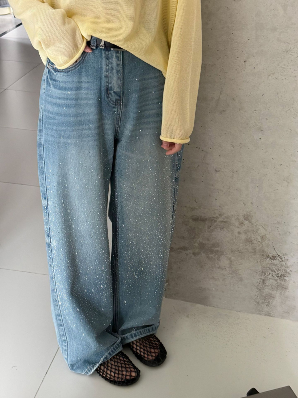 Luxi traperice visokim strukom i širokim nogavicama, američki retro stil, uzorak zvjezdica sa kristalima, denim, 68517