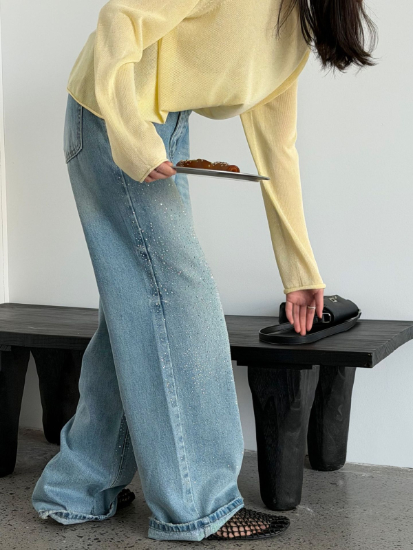 Luxi traperice visokim strukom i širokim nogavicama, američki retro stil, uzorak zvjezdica sa kristalima, denim, 68517