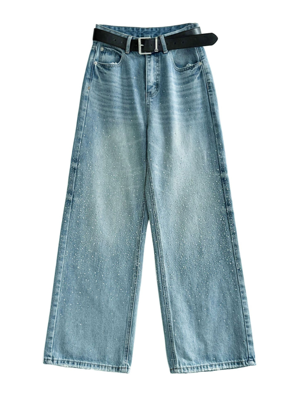 Luxi traperice visokim strukom i širokim nogavicama, američki retro stil, uzorak zvjezdica sa kristalima, denim, 68517