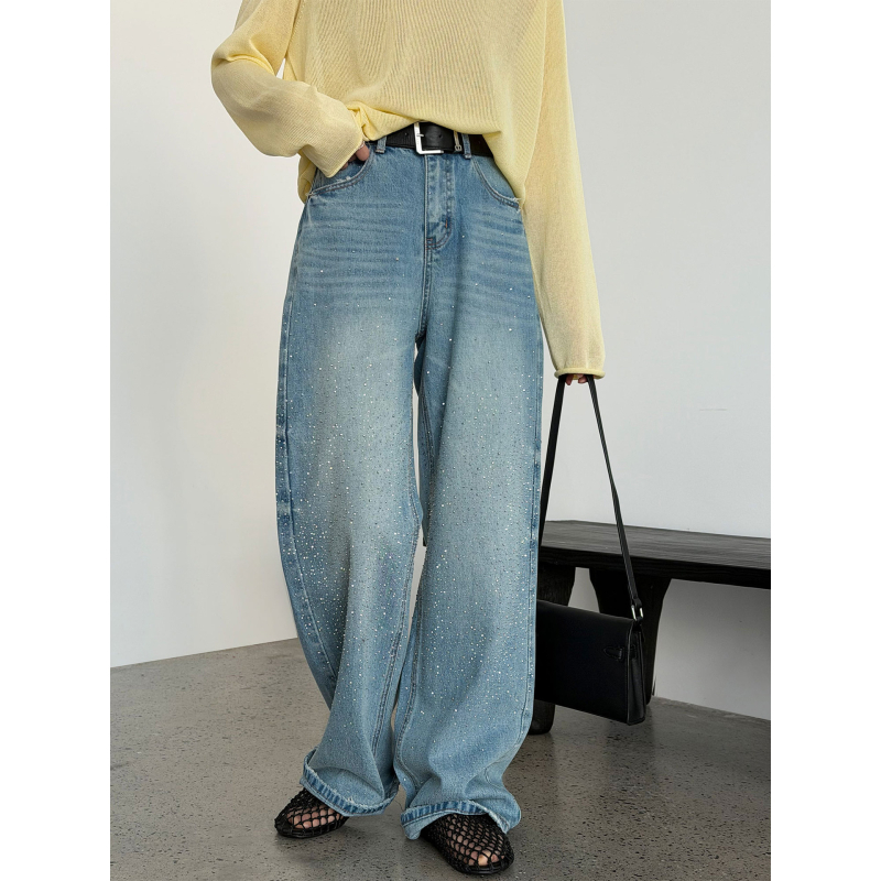 Luxi traperice visokim strukom i širokim nogavicama, američki retro stil, uzorak zvjezdica sa kristalima, denim, 68517