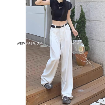 Bele žene hlače od denima širokog kroja, visokim strukom, opuštena silueta, ravni kroj, jesen 2023