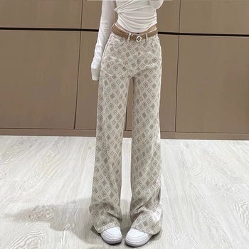 Ženske jakard traperice s all-over printom, ultra mekano denim, visoki pojas, ravno-široki kroj