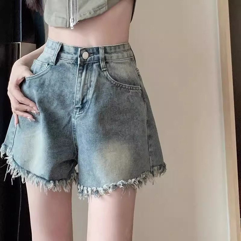 Plus-size ženski denim šorc s visokim strukom, ljetni lagani kroj s neobrađenim rubom, streetwear stil, A-linija širokih nogavica