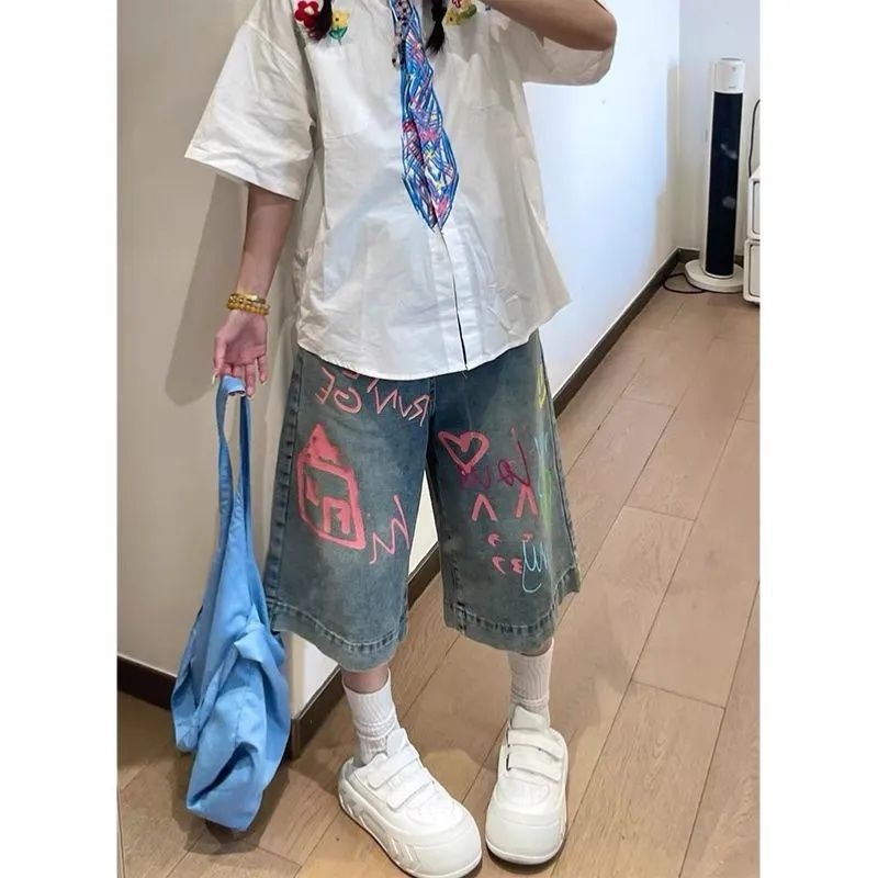 Han Niu Ženske Džins Šorceve s Grafičkim Otiskom, Opuštena Silueta, Retro Stil, Visoki Pojas, Cropped Duljina