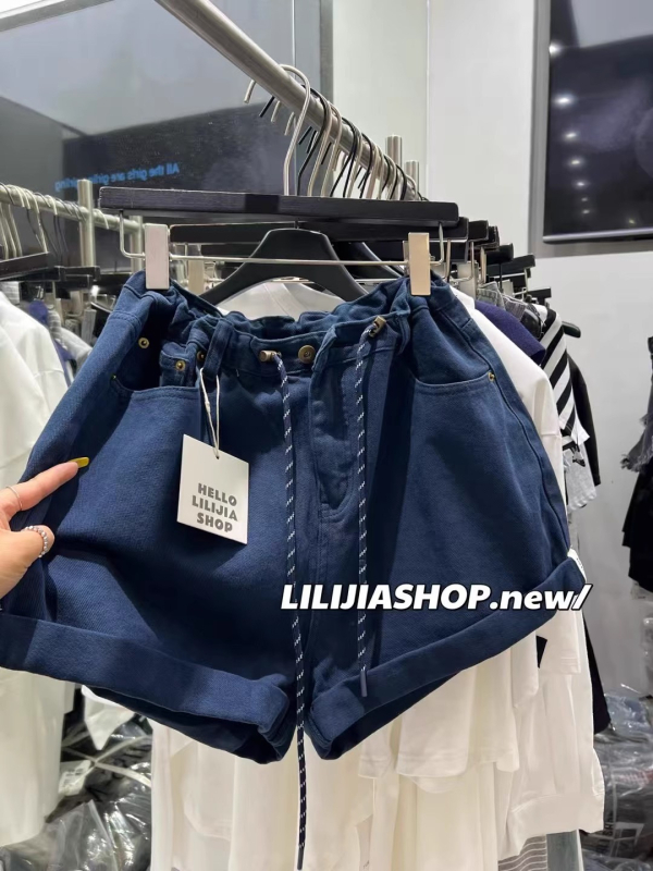 Ženske denimske šorts s visokim strukom, vrpcom i elastičnim pojasom, širokih krojeva, casual stil
