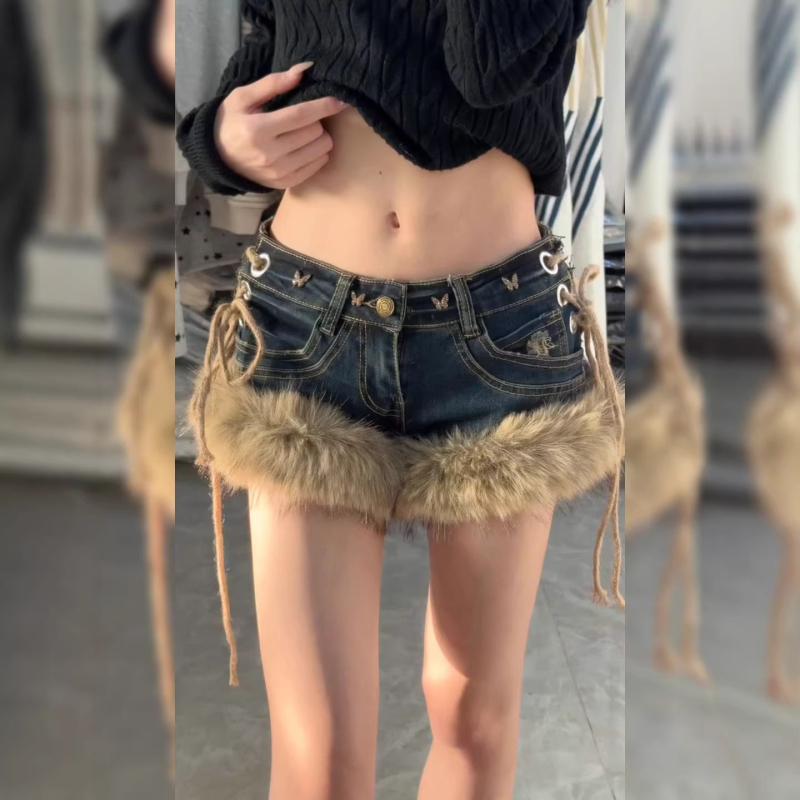 Ženske denim šorceve s patchworkom od krzna, u američkog retro stila, Y2K, niska struka, vizualno stanjivanje