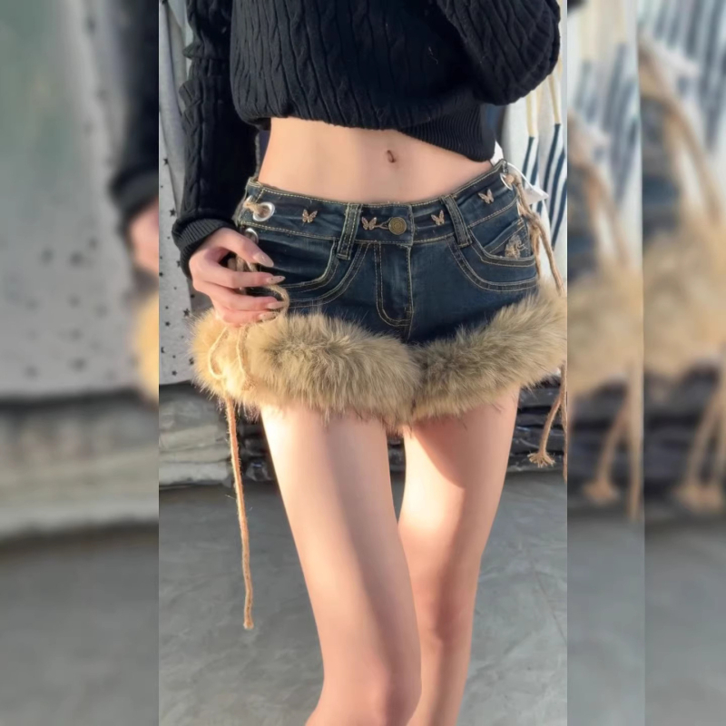 Ženske denim šorceve s patchworkom od krzna, u američkog retro stila, Y2K, niska struka, vizualno stanjivanje