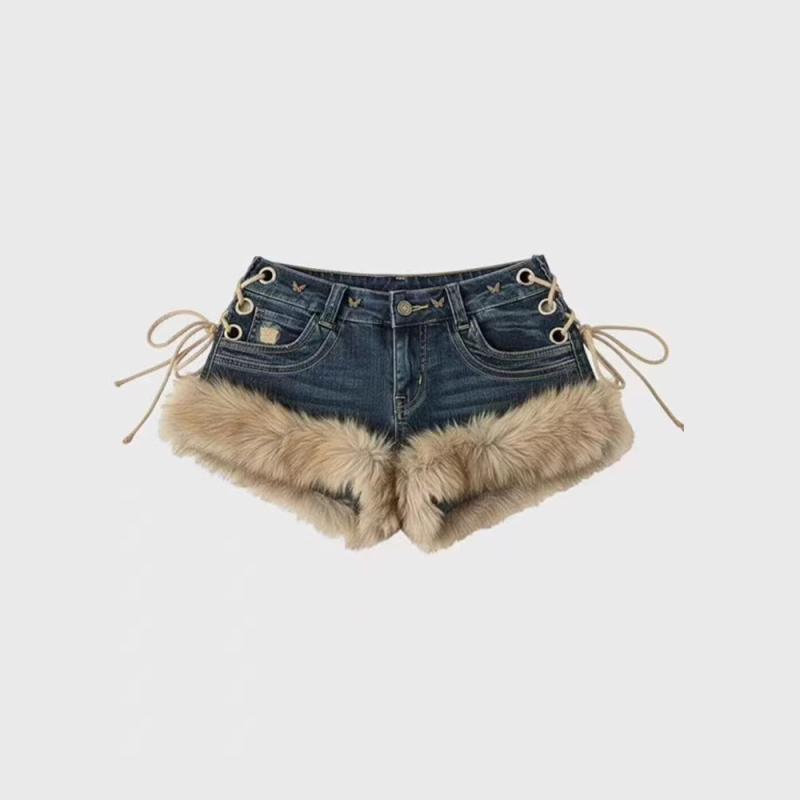 Ženske denim šorceve s patchworkom od krzna, u američkog retro stila, Y2K, niska struka, vizualno stanjivanje