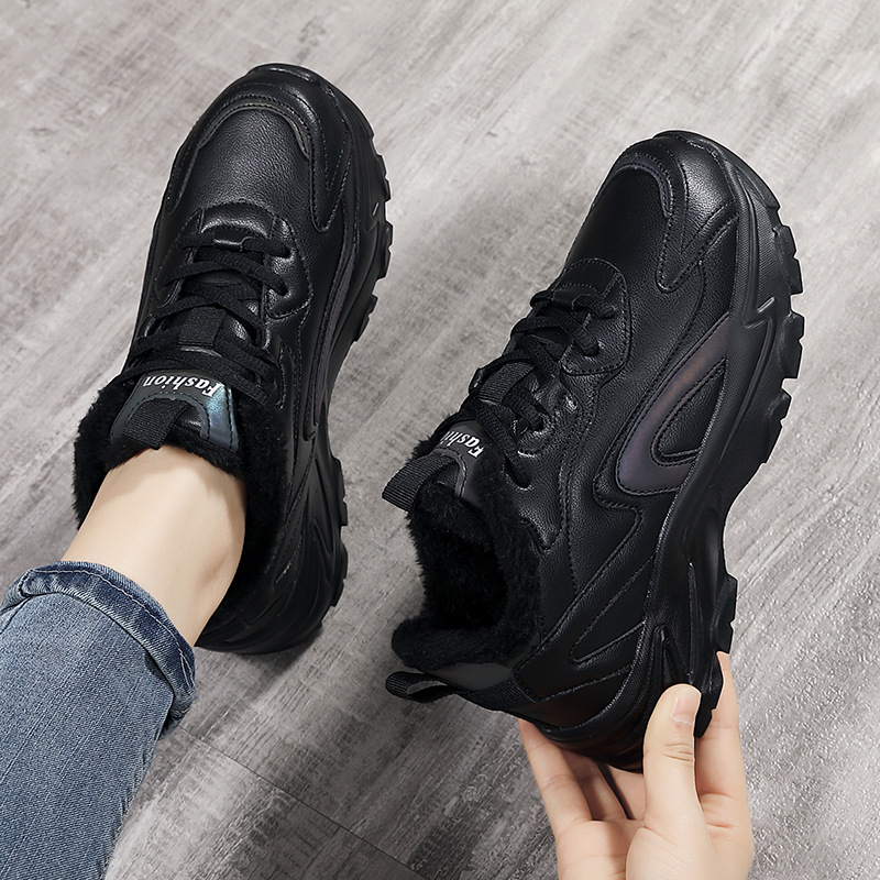 Ženske vodootporne tenisice crne sintetičke kože, za jesen/zimu, casual dad sneakers s mekanom potplatom