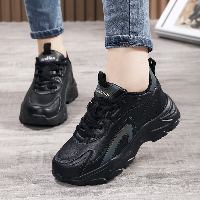 Ženske vodootporne tenisice crne sintetičke kože, za jesen/zimu, casual dad sneakers s mekanom potplatom