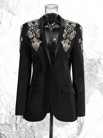 Γυναικείο blazer σε ελαφρώς πολυτελές στυλ, βαθύ V ντεκολτέ, στρας, στενή γραμμή, μακριά μανίκια, μονόχρωμο – Άνοιξη 2026