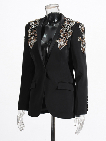 Γυναικείο blazer σε ελαφρώς πολυτελές στυλ, βαθύ V ντεκολτέ, στρας, στενή γραμμή, μακριά μανίκια, μονόχρωμο – Άνοιξη 2026