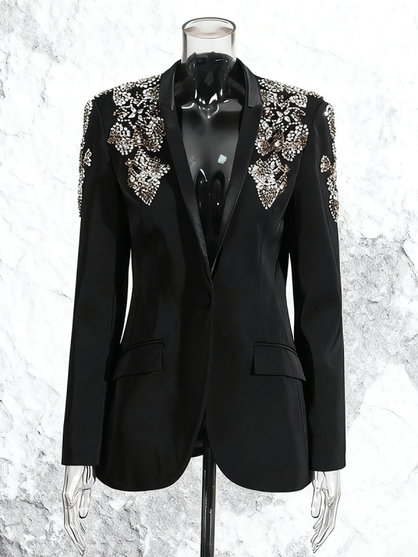 Γυναικείο blazer σε ελαφρώς πολυτελές στυλ, βαθύ V ντεκολτέ, στρας, στενή γραμμή, μακριά μανίκια, μονόχρωμο – Άνοιξη 2026