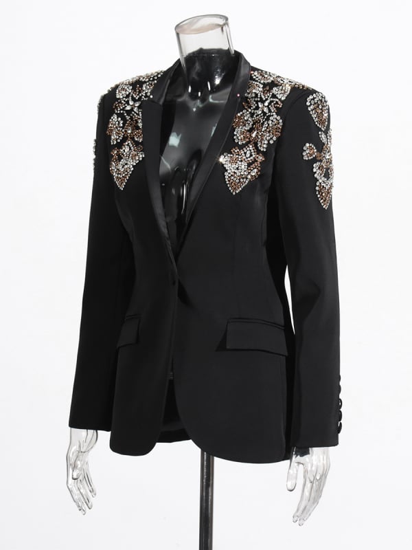 Γυναικείο blazer σε ελαφρώς πολυτελές στυλ, βαθύ V ντεκολτέ, στρας, στενή γραμμή, μακριά μανίκια, μονόχρωμο – Άνοιξη 2026