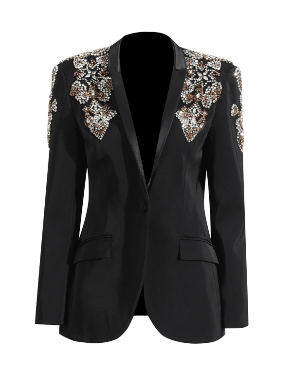 Γυναικείο blazer σε ελαφρώς πολυτελές στυλ, βαθύ V ντεκολτέ, στρας, στενή γραμμή, μακριά μανίκια, μονόχρωμο – Άνοιξη 2026