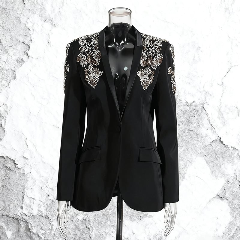 Γυναικείο blazer σε ελαφρώς πολυτελές στυλ, βαθύ V ντεκολτέ, στρας, στενή γραμμή, μακριά μανίκια, μονόχρωμο – Άνοιξη 2026