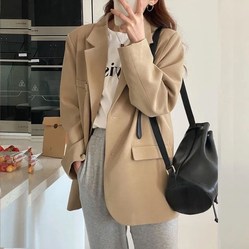Ženski ležerni blejzer za proljeće i jesen, korejski stil s britanskim štihom, opušten kroj, kaki, elegantno sako