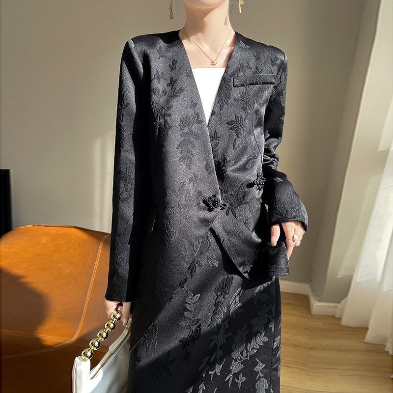 2026 Ljeto Jacquard satin blejzer za žene, kineskog stila, širok kroj