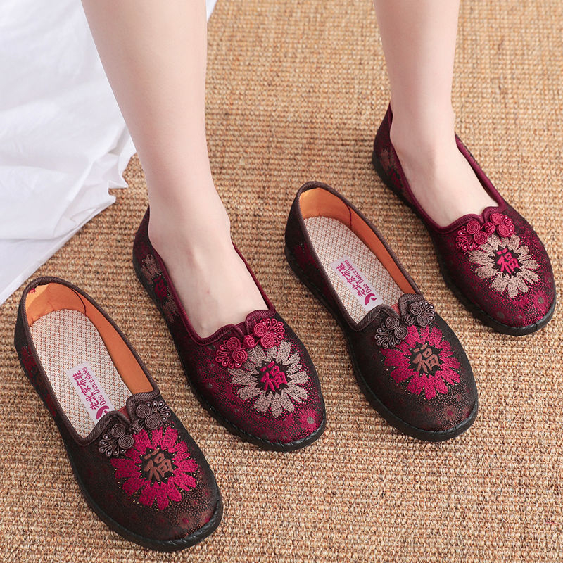 Női vászoncipők Beijing-stílusú hímzéssel, slip-on, puha talppal