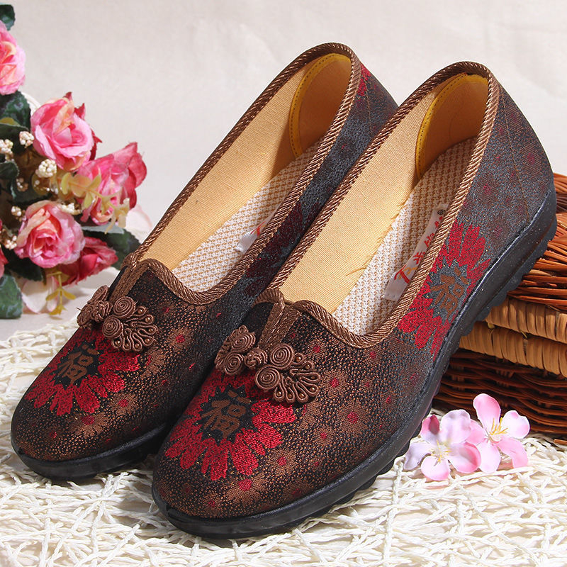 Női vászoncipők Beijing-stílusú hímzéssel, slip-on, puha talppal