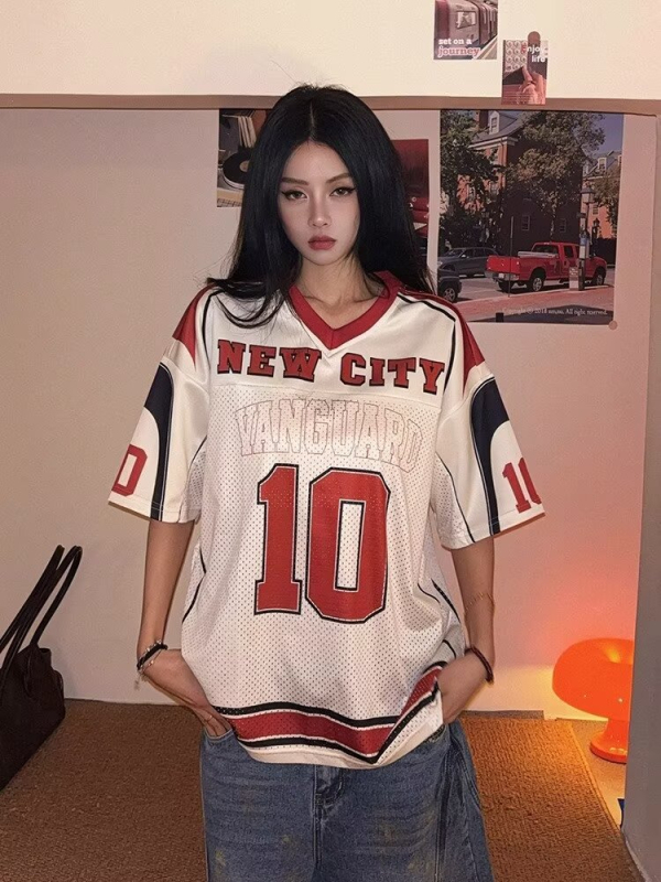 Ženski mrežasti ljetni T-shirt u američkom stilu, natpis slovima, hip-hop retro jazz patchwork, širok ležerni kroj