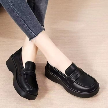 Retro ravne potplatne ženske cipele za rad od mekane kože s protukliznom potplatom, crne, britanski stil