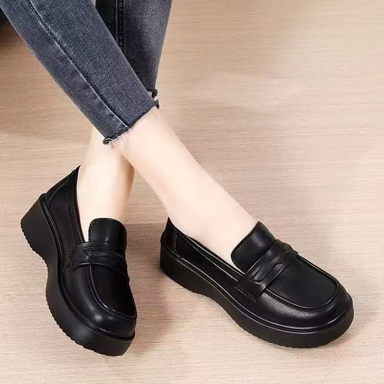 Retro ravne potplatne ženske cipele za rad od mekane kože s protukliznom potplatom, crne, britanski stil