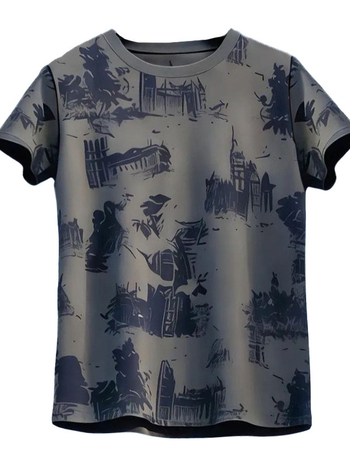 Ženski pamukasti T-shirt kratkih rukava s arhitektonskim uzorkom tiska, okrugli izrez