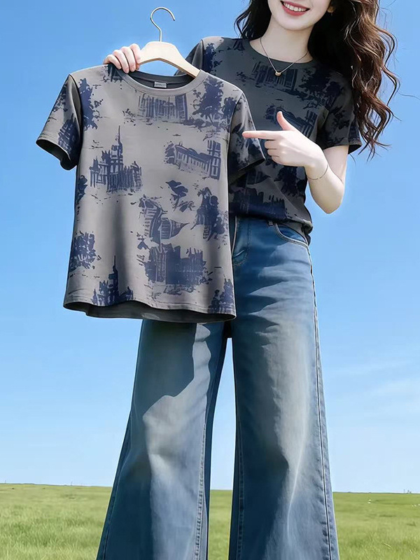 Ženski pamukasti T-shirt kratkih rukava s arhitektonskim uzorkom tiska, okrugli izrez