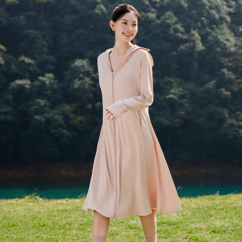Női hosszú napvédő kabát, könnyű nylon anyag, Ice Silk, UPF50+, kapucnival, nyárra