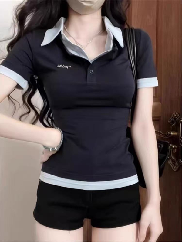 Ženski T-shirt s kratkim rukavima, američki stil, izvezen polo ovratnik, izgled dvodijelnog komada, uski kroj, uski struk, ljeto