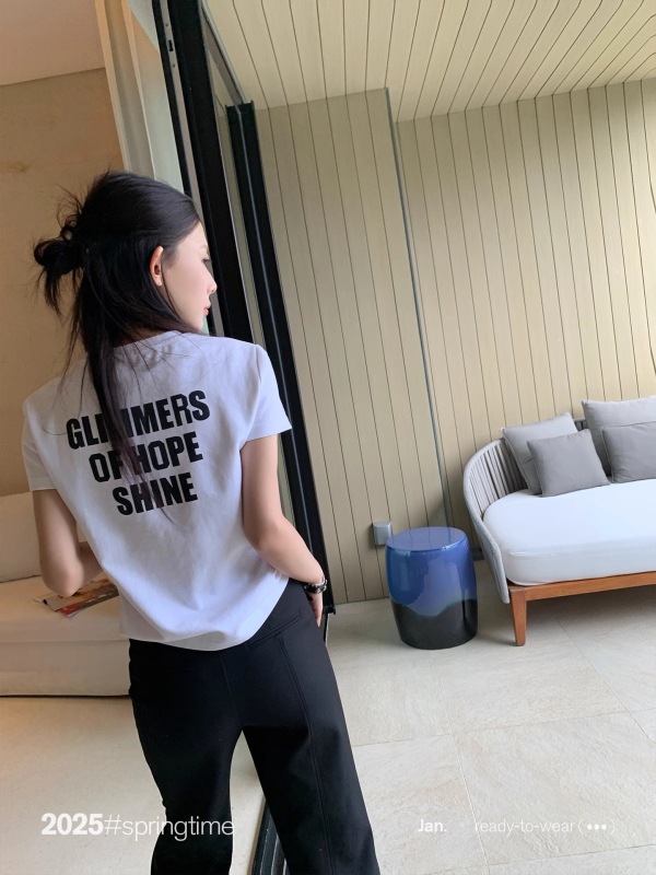 Ženski T‑shirt s natpisom, okrugli izrez, uski kroj, kratki rukavi, korejski stil
