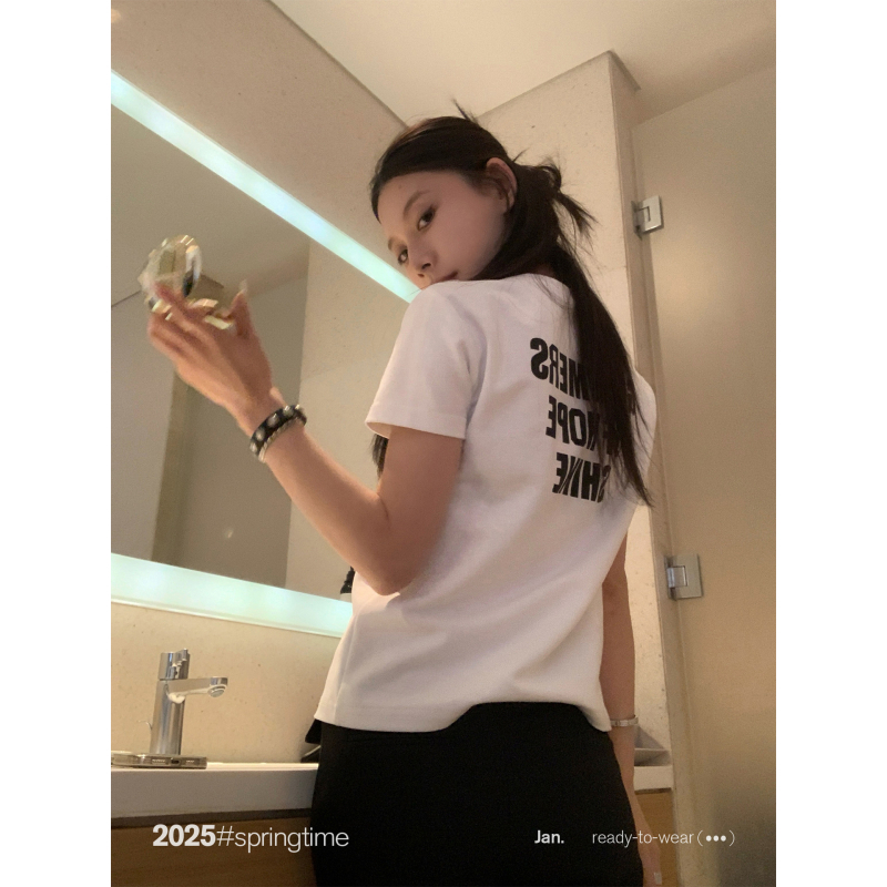 Ženski T‑shirt s natpisom, okrugli izrez, uski kroj, kratki rukavi, korejski stil