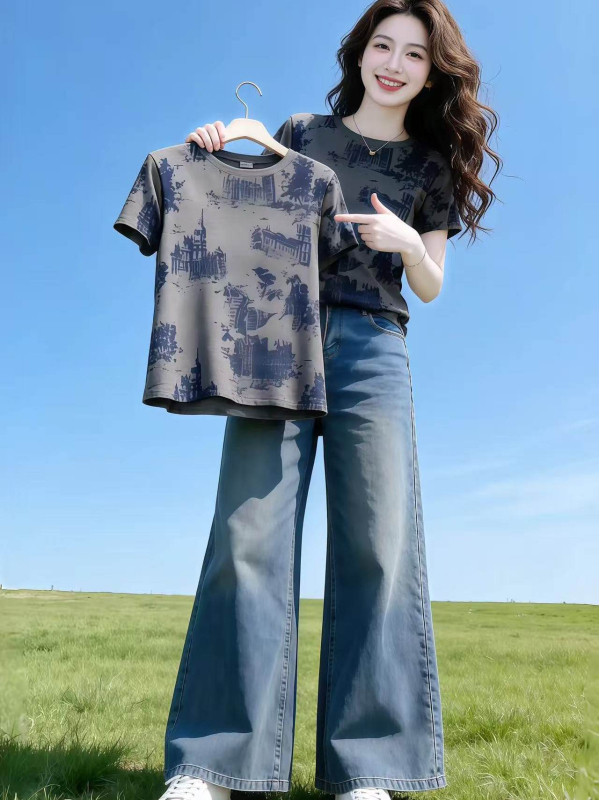 Ženski top od 100% pamuka, siva boja, kružni izrez, kratke rukave, retro otisak, svestran i moderan dizajn.