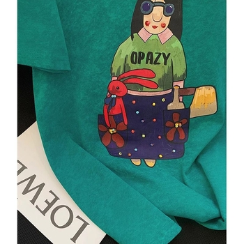 Zelena ženska majica kratkih rukava s otiskom anime djevojčice, udobna i stilna