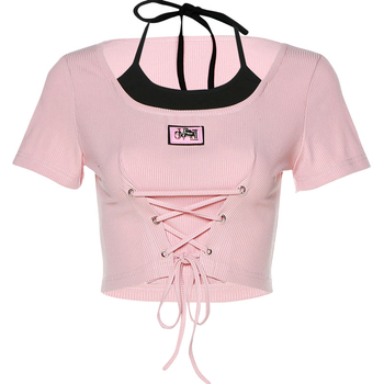 Ženski T‑shirt kratkih rukava s kaišem u struku – cropped kroj, uski silueta