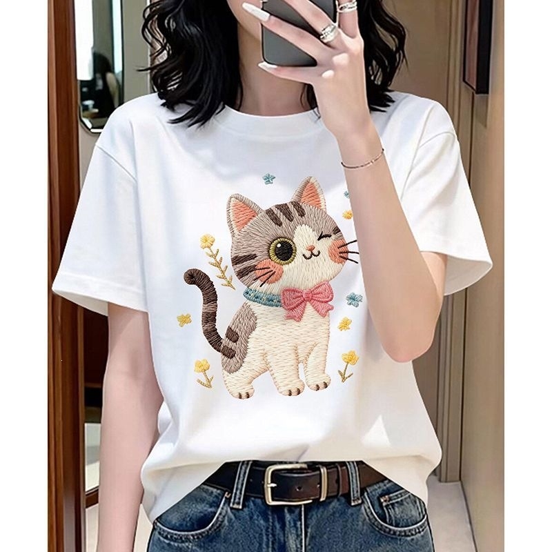 Ženski bijeli pamukasti T-shirt kratkih rukava, europski stil, ležerni kroj, print s crtanim likovima, ljeto 2026