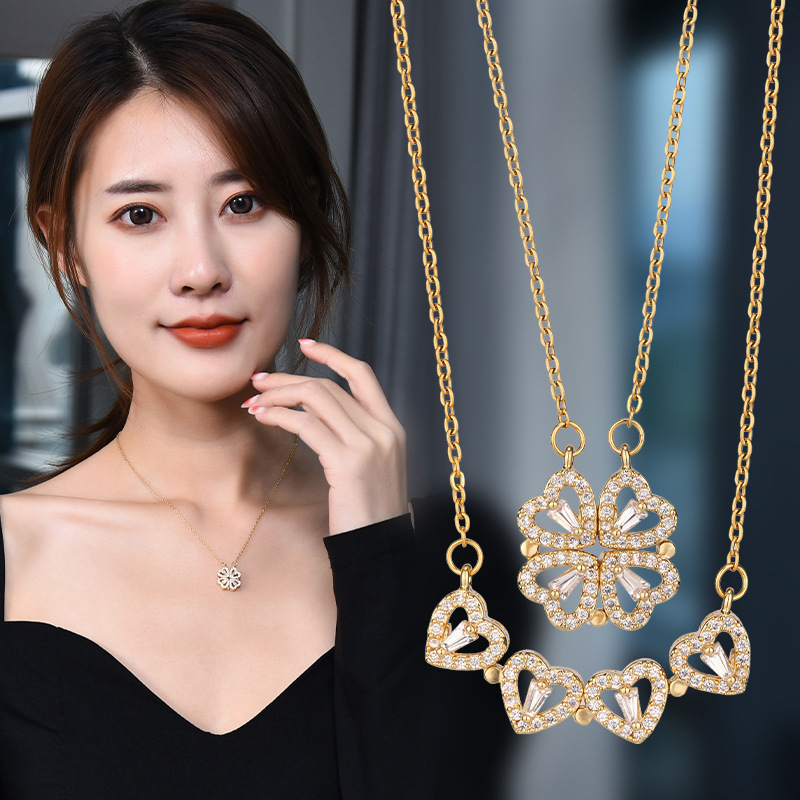 Dvostrano magnetska ogrlica u obliku srca, otporna na blijenje boje, motiv četverolistne detelje, ženski modni poklon za Dan zaljubljenih