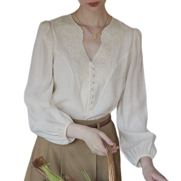Női V-nyakú ing részletezett hímzéssel, neoklasszikus francia retro chic stílusban, tavaszi és őszi viselet.