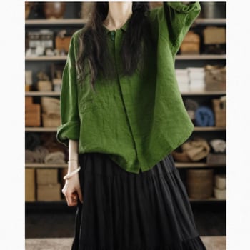 Zelena lanena široka košulja za žene, s reverom, dugi rukavi, casual jakna-stil košulja od lana