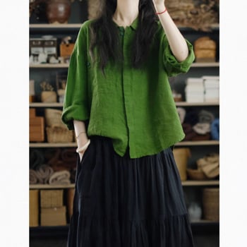 Zelena lanena široka košulja za žene, s reverom, dugi rukavi, casual jakna-stil košulja od lana