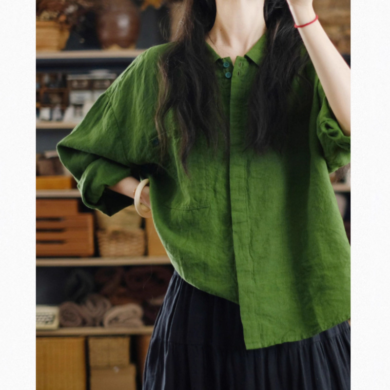 Zelena lanena široka košulja za žene, s reverom, dugi rukavi, casual jakna-stil košulja od lana